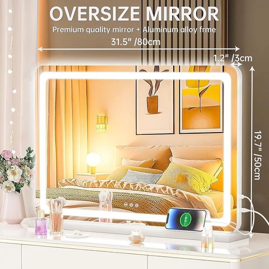 Vanity Mirror with Lights, 80 x 50cm LED Makeup Mirror, Lighted Make up Mirrors with with Touch Screen Control, 3 Dimmable Modes Round White