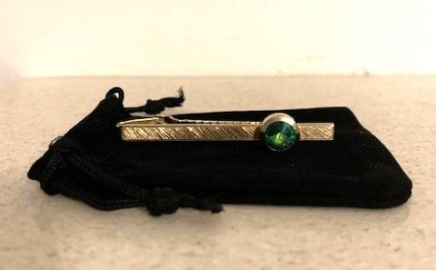 Mid Century Gold-Tone Green Stone Tie Clip