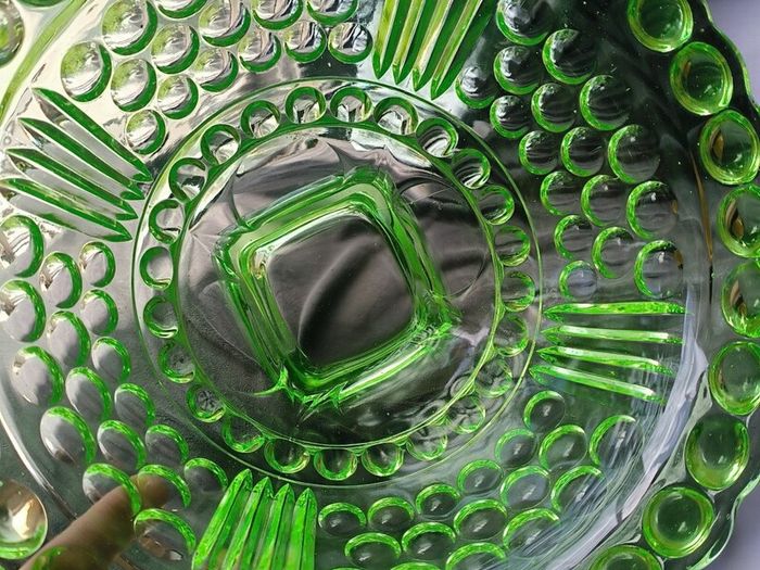 Antique 20th Century Green Uranium Glass Inverted Thistle Bowl UV Reactive  Description