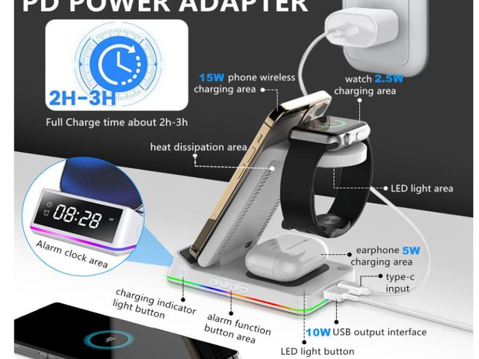 5-in-1 15w Magnetic Wireless Charger With Flashy Atmosphere Light/digital Clock