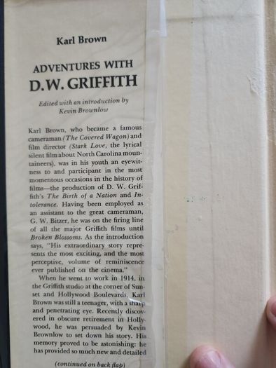 Adventures With D. W.griffith. By Karl Brown. Edited And With An Introduction By Kevin Brownlow. First Edition Hardback With Dustjacket In Good Condition.