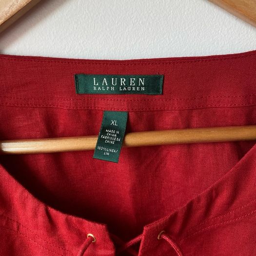 Lauren Ralph Lauren Red 100% Linen Lace-Up Tunic Blouse Roll Tab Sleeve XL