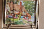 Vintage Brass Postcard or Letter Holder  Reversible Cottage &amp; Red Roses
