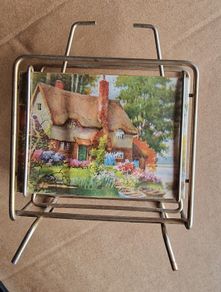 Vintage Brass Postcard or Letter Holder  Reversible Cottage & Red Roses