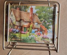 Vintage Brass Postcard or Letter Holder  Reversible Cottage & Red Roses
