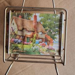 Vintage Brass Postcard or Letter Holder  Reversible Cottage & Red Roses