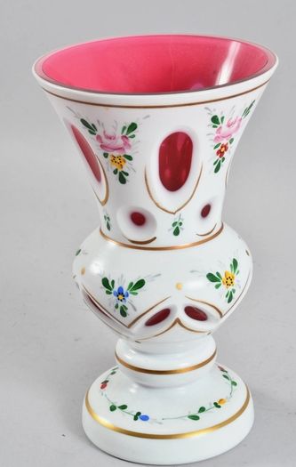 Beautiful Bohemian pink glass overlay vase