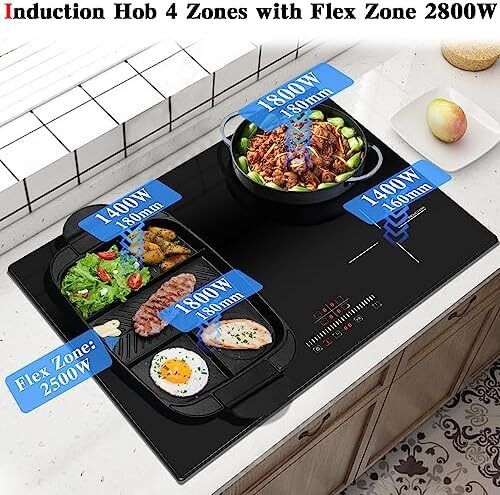Plug-in Induction Hob 60CM 4 Zone, Plug in Electric Hob 13 amp 4 ring, 2800W Electric Induction Hob 220V, Cooking Hob 60CM with Flexible Zone