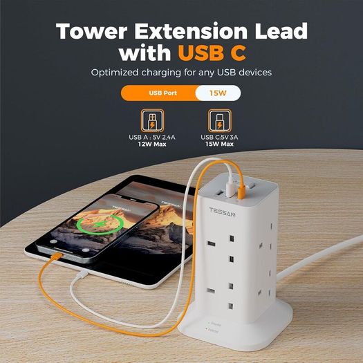 Tower Extension Lead with USB C Slots, TESSAN 8 Way Plug Extension Socket with Switch, Surge Protected Power Strip with 2M Cable for Home, School Supplies
