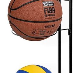 Ball Storage Rack Basketball Football Stand Holder, 3-Ball Capacity, Display Rack for Volleyball Rugby Soccer, Black