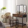 Dressing Table, Makeup Desk with 1 Stool, Tri-Fold Mirror and 3 Drawers, Steel Frame, Industrial Design, Vintage Brown/Black Image 2