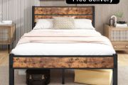 Double Bed Frame with Retro Wooden Headboard Under-Bed Storage for Medium Bedrooms, Master/Guest Room, Couples, Heavy Duty Metal Frame 800 lbs, Noise Free, Easy Assembly, Black Brown Oak