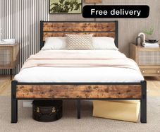Double Bed Frame with Retro Wooden Headboard Under-Bed Storage for Medium Bedrooms, Master/Guest Room, Couples, Heavy Duty Metal Frame 800 lbs, Noise Free, Easy Assembly, Black Brown Oak