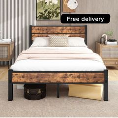 Double Bed Frame with Retro Wooden Headboard Under-Bed Storage for Medium Bedrooms, Master/Guest Room, Couples, Heavy Duty Metal Frame 800 lbs, Noise Free, Easy Assembly, Black Brown Oak