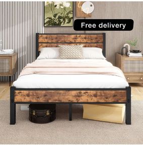 Double Bed Frame with Retro Wooden Headboard Under-Bed Storage for Medium Bedrooms, Master/Guest Room, Couples, Heavy Duty Metal Frame 800 lbs, Noise Free, Easy Assembly, Black Brown Oak