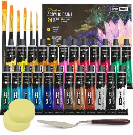 Acrylic paint Set 24 X 22ml Perfect for Canvas, Wood, Ceramic, Rock, Fabric & Crafts. Non-Toxic, Quick Dry & Vibrant Colours. Rich Pigments, Lasting Quality