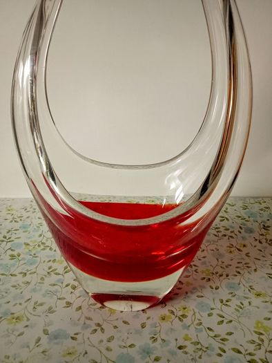 Vintage Murano Art Glass Basket Vase Red And Clear Glass.
