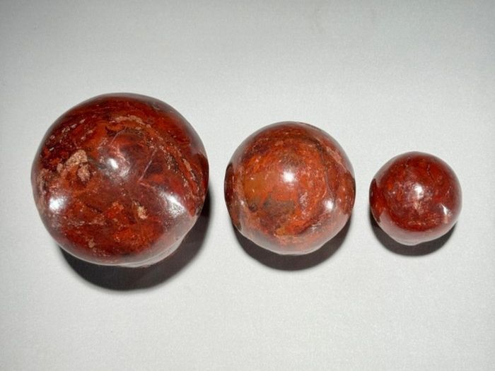 3 Hand-Carved Red Jasper Mushroom Sculptures - Natural Stone