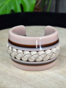 Authentic Tod's Italian Leather & Resin Braided Cuff Bangle Bracelet Nude / Brown
