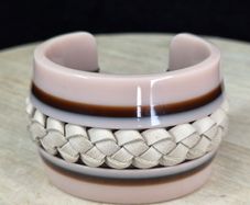 Authentic Tod's Italian Leather & Resin Braided Cuff Bangle Bracelet Nude / Brown