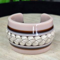Authentic Tod's Italian Leather & Resin Braided Cuff Bangle Bracelet Nude / Brown