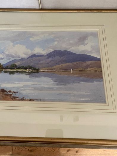 Vintage watercolour Painting Lake & Mountain Scene