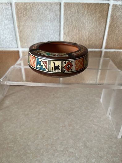 Vintage Handpainted Terracotta Ashtray & Round Carved Wooden Handpainted Trinket Box