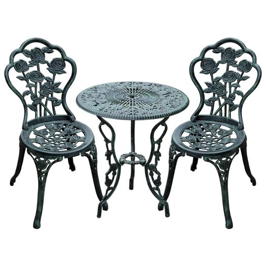 3-Piece Outdoor Garden Bistro Set, Cast Aluminium Antique Floral Print Coffee Table and Two Single Seat with Umbrella Hole, Green