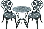 3-Piece Outdoor Garden Bistro Set, Cast Aluminium Antique Floral Print Coffee Table and Two Single Seat with Umbrella Hole, Green