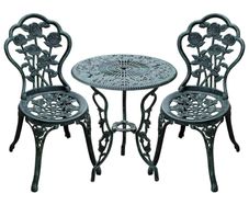 3-Piece Outdoor Garden Bistro Set, Cast Aluminium Antique Floral Print Coffee Table and Two Single Seat with Umbrella Hole, Green