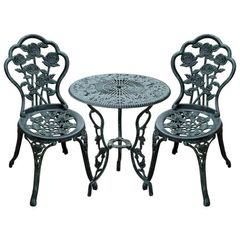 3-Piece Outdoor Garden Bistro Set, Cast Aluminium Antique Floral Print Coffee Table and Two Single Seat with Umbrella Hole, Green