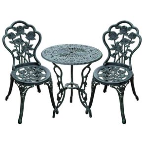 3-Piece Outdoor Garden Bistro Set, Cast Aluminium Antique Floral Print Coffee Table and Two Single Seat with Umbrella Hole, Green