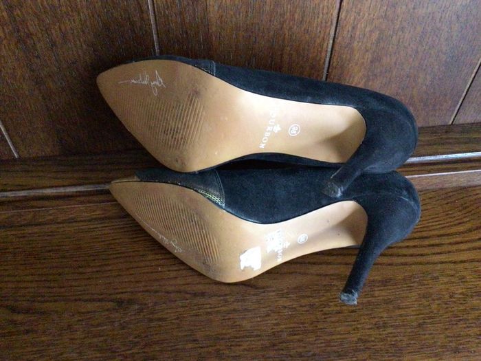 Bourbon Amy Humberman black suede and gold leather high heel court shoes size 5 eu 38