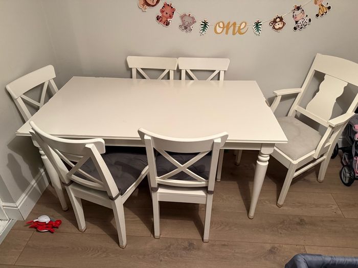 INGATORP Extendable table, white and 6 chairs