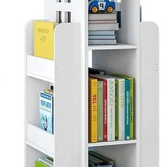 3-Tier Rotary Bookshelf Childrens Bookcases 360 Rotating Storage Display Rack Floor Standing Swivel Bookcase for Bedroom Living Room Study Office White