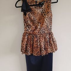 Leopard Print and Black Dress with Peplum Detail and Bow