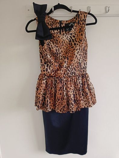 Leopard Print and Black Dress with Peplum Detail and Bow
