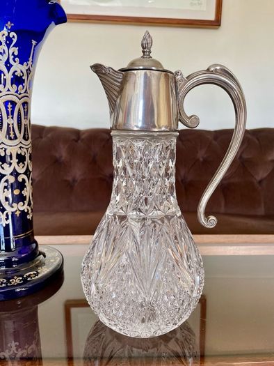 Antique Vintage Silver Plated Crystal Glass Claret Jug Pitcher