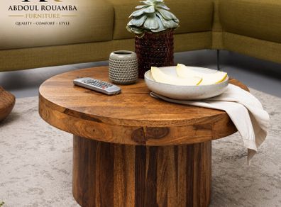 Round Solid Wood Coffee Table 60cm  Modern Wooden Living Room Accent Table
