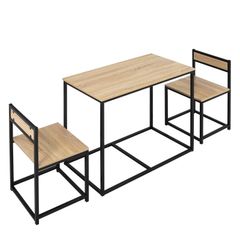 Dining Table and Chairs Set 1 Table + 2 tuck-under chairs for Kitchen - Black metal Light oak look