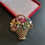 Flower Basket Brooch, Multicolor Rhinestone Floral Bouquet Pin, Gold Tone Woven Basket Jewelry, Retro Spring Garden Theme (X04) Image 3