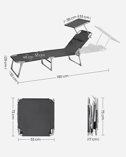 Sun Lounger, Deck Chair Folding, Sunbed, 193 x 53 x 29 cm, Max. Load 150 kg, with Sunshade Headrest Adjustable Backrest, Reclining Sun Chair for Terrace Pool Garden, Dark Grey (FREE POSTAGE)