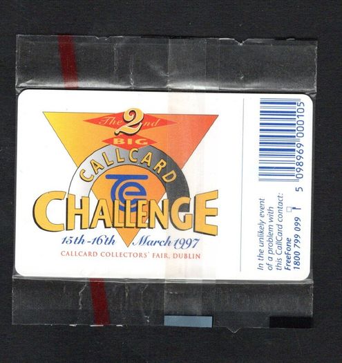 1997 Ireland 10 unit 1997 "Big CallCard Challenge" collectors fair features a photograph of the Molly Malone statue in Dublin (Gemplus GEM1) Call Card Mint in Packaging. Telecom Eireann Card Number 1163