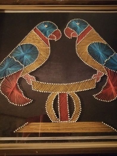 Good sized Vintage Framed String Art Two Love Birds