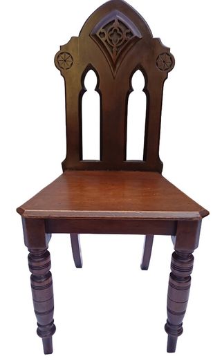 CLEARANCE: PAIR of antique 19th century Victorian Gothic mahogany hall chairs