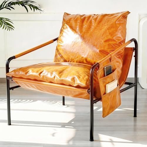Faux leather Armchair Comfy Accent Chair with Sturdy Metal Frame Wood Armrest And bag Living Room chairs Soft Cushion Lounge couch sofa Chair Oversized Reading chair for Bedroom Patio Porch