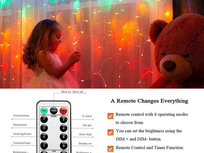 Window Curtain String Lights- 3M(H)x1.5M(W) USB Or Battery Operated 8 Modes with Remote & Timer Fairy Lights 200LED Indoor Outdoor Lights for Wedding Party Home Bedroom Wall (Multicolor)