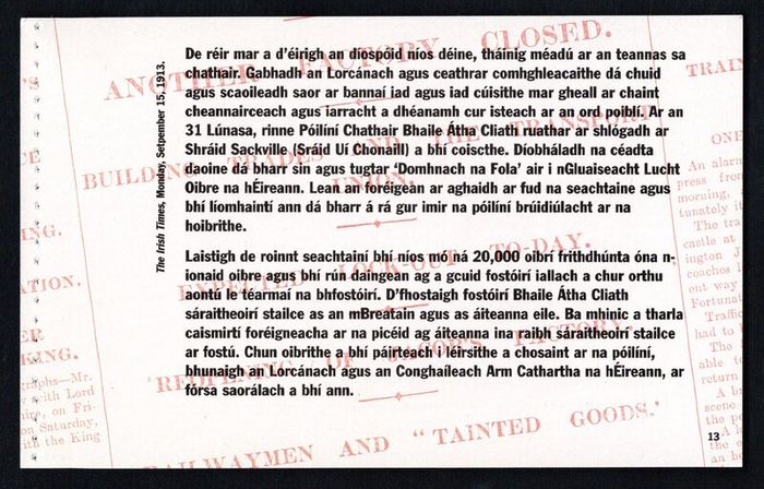 2013 Ireland Centenary of the General Lockout Commemorative Stamp Booklet Mint Never Hinged (MNH). Photos of contents shown.