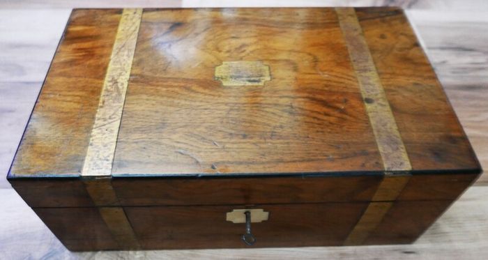 Antique Victorian  Brass Bounded Writing Box (WITH A KEY) 16" X 9" X 6,5"