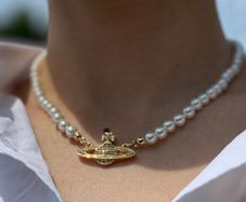 Saturn Pearl Necklace, Pearl Necklace,Gold and Silver color